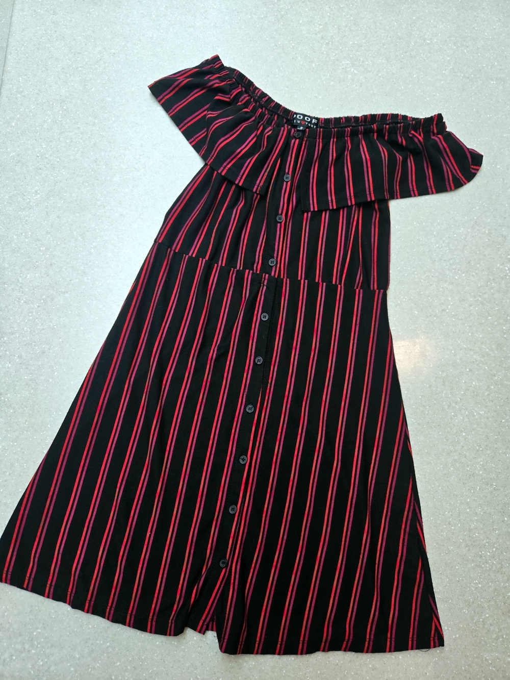 Poof New York Off-Shoulder Black Dress with Red Stripes-Small